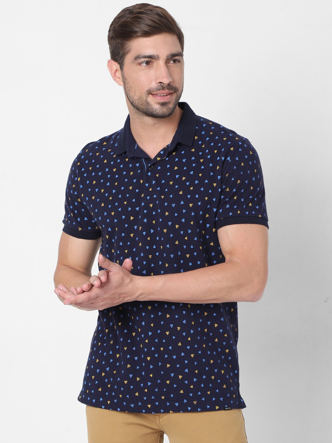 

Mufti Men Navy Blue Geometric Printed Polo Collar Slim Fit Pure Cotton T-shirt