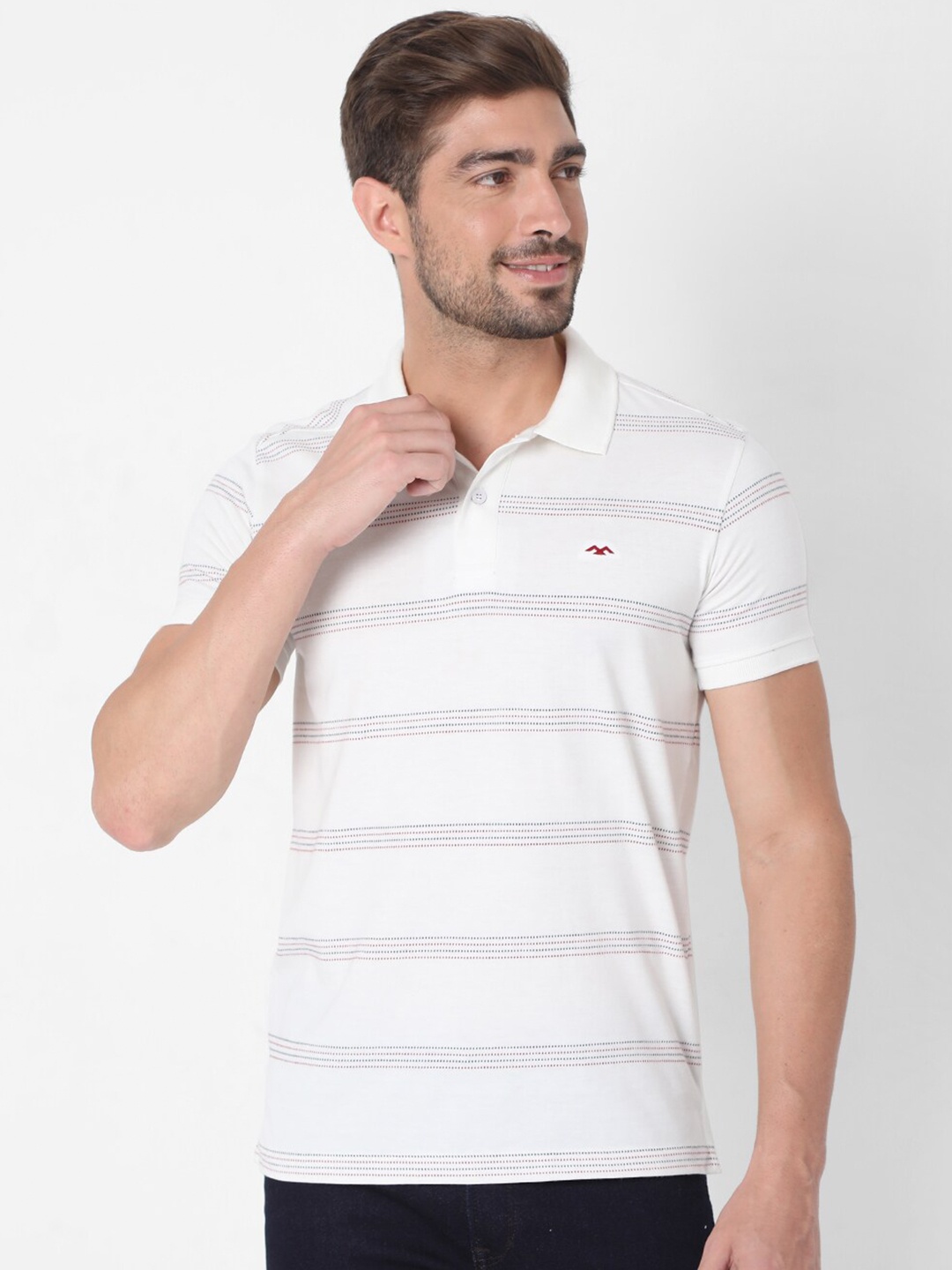 

Mufti Men White Striped Polo Collar Slim Fit Cotton T-shirt