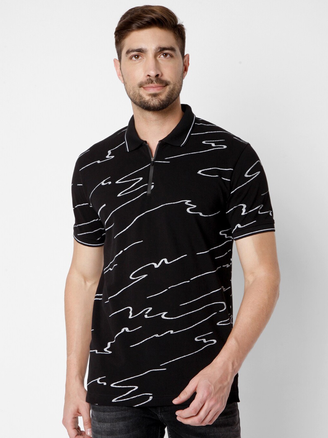 

Mufti Men Black & White Abstract Printed Polo Collar Slim Fit Pure Cotton T-shirt