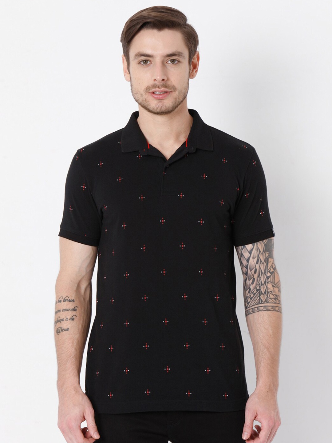 

Mufti Men Black Geometric Printed Polo Collar Slim Fit Pure Cotton T-shirt