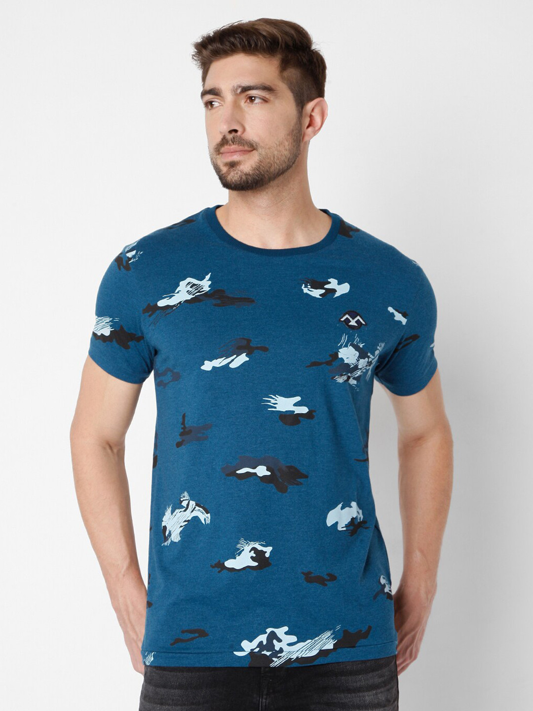 

Mufti Men Plus Size Blue Printed Slim Fit T-shirt
