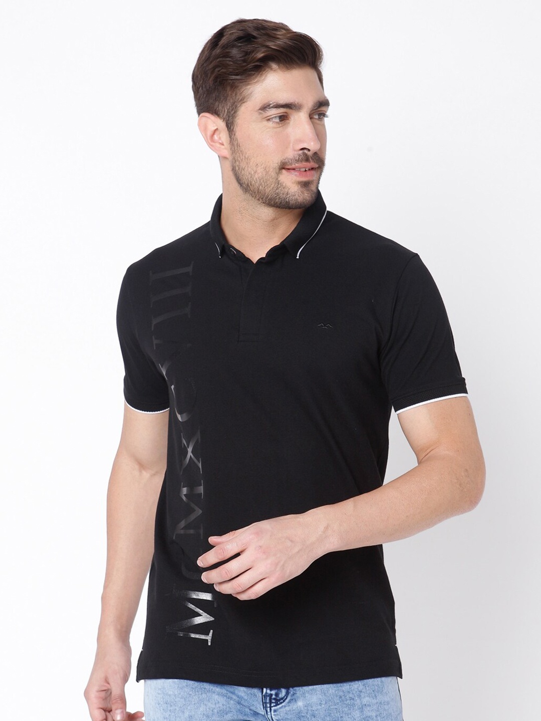

Mufti Men Black Typography Polo Collar Pure Cotton Slim Fit T-shirt