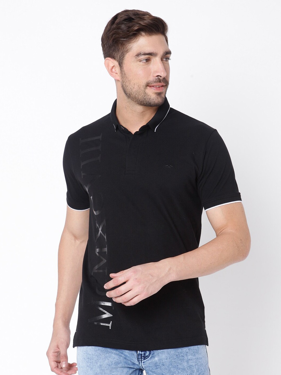 

Mufti Men Black Typography Printed Polo Collar Slim Fit Pure Cotton T-shirt