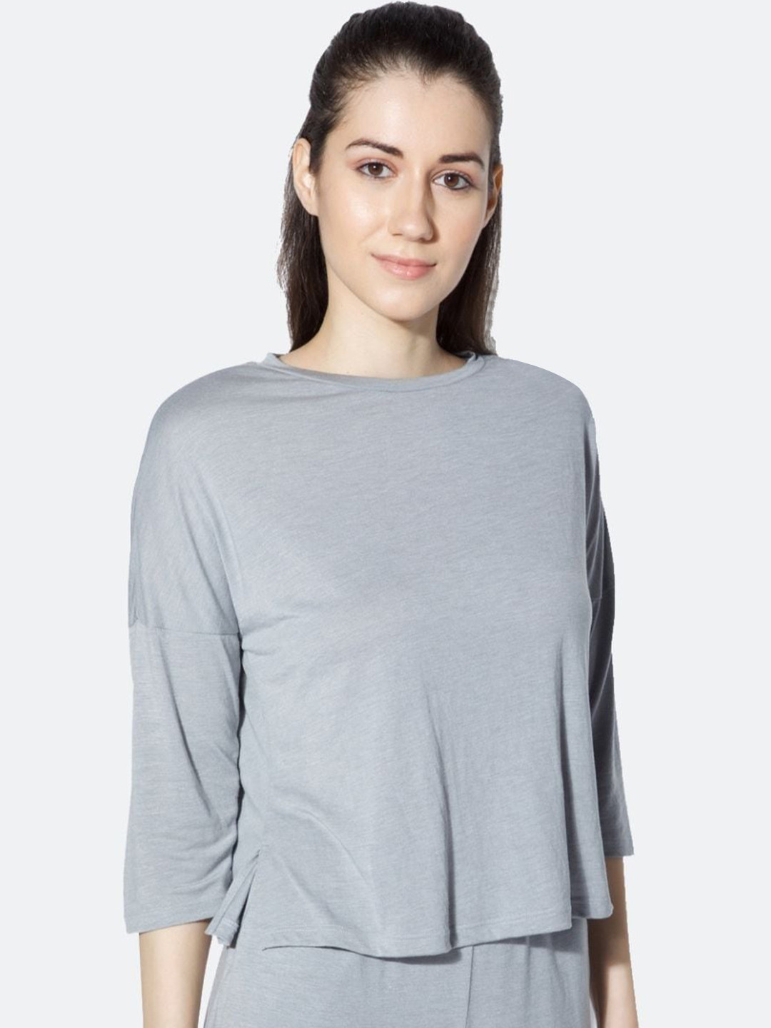 

Silvertraq Women Grey Melange Drop-Shoulder Sleeves Slim Fit T-shirt