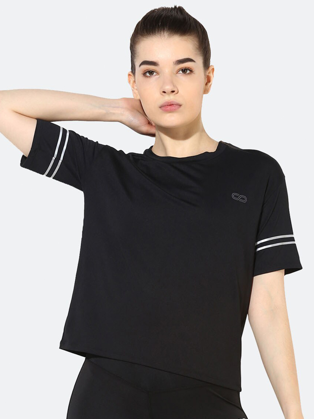 

Silvertraq Women Black Drop-Shoulder Sleeves Slim Fit Reflector T-shirt