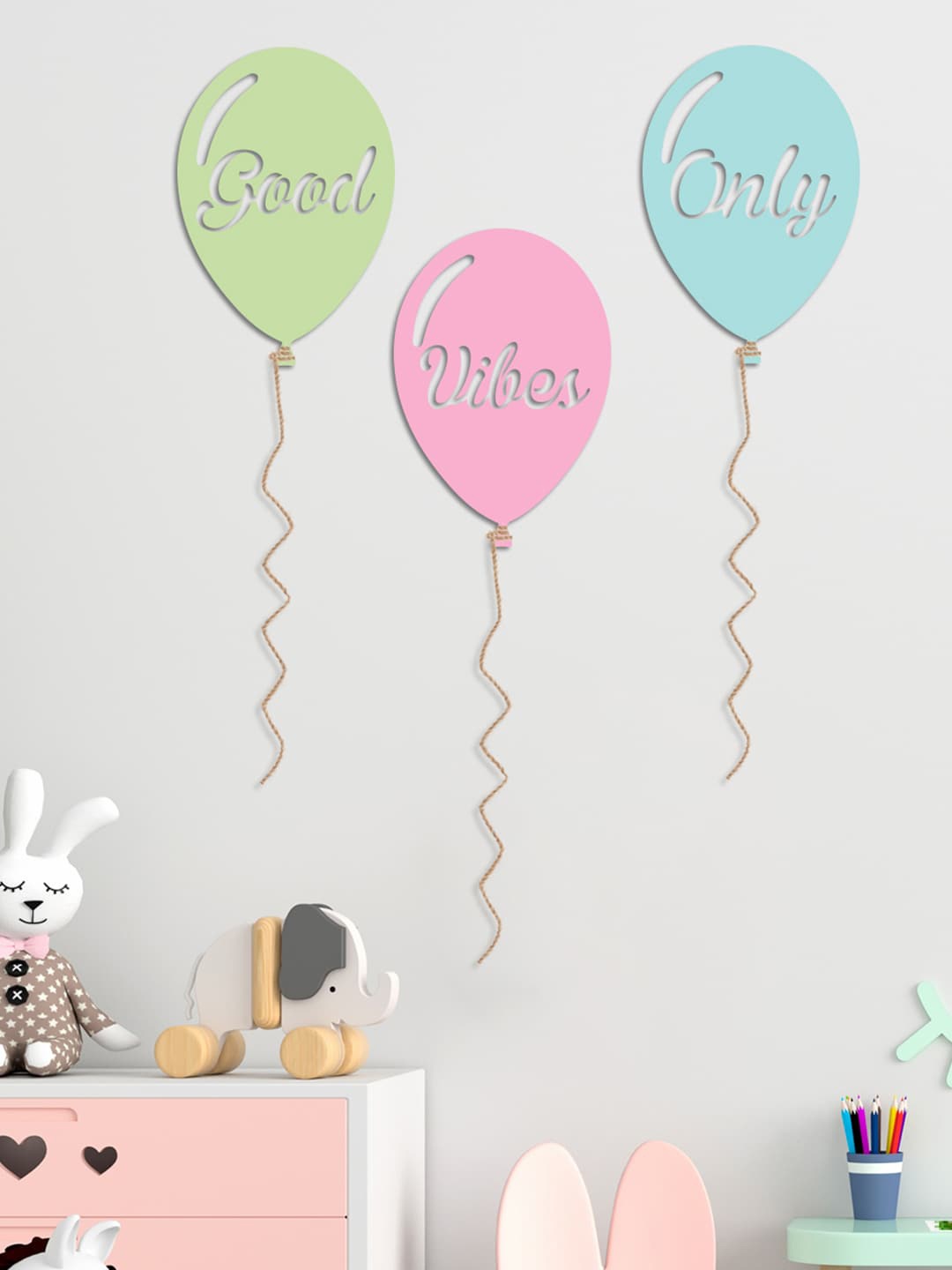 

Art Street Set Of 3 Balloon MDF Wall Plaques Good Vibes Only Wall Decor, Green