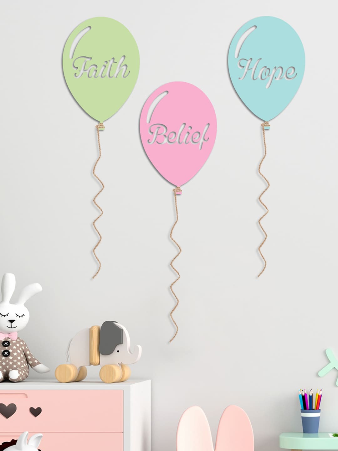 

Art Street Set of 3 Faith Belief Hope Balloon MDF Wall Plaques, Green