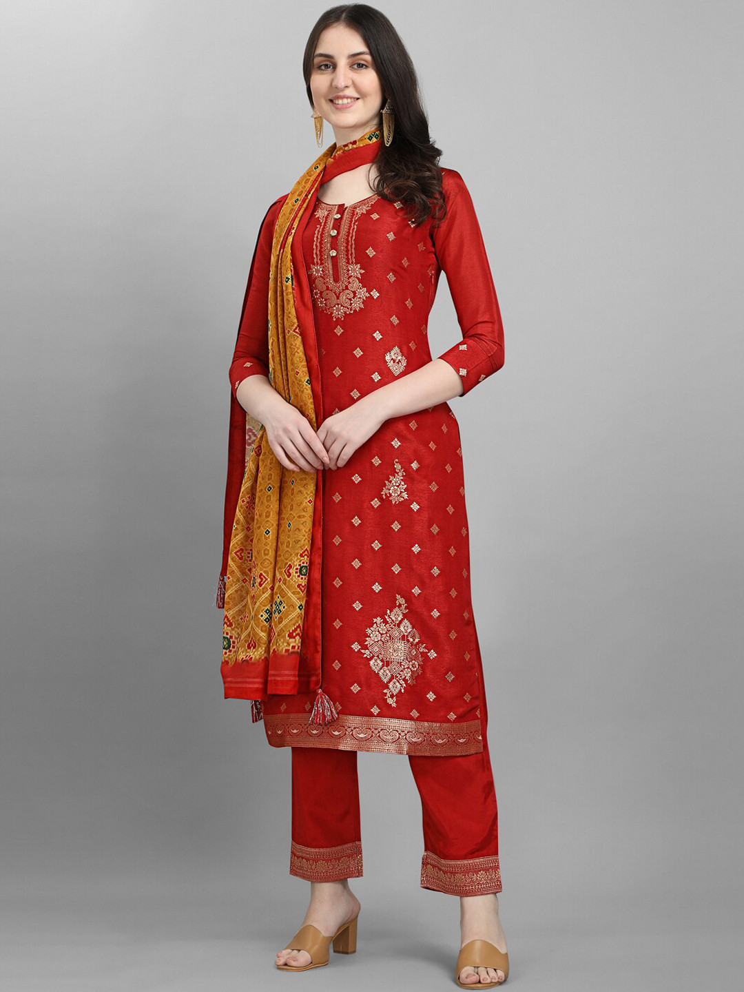 

Seerat Women Rust Embroidered Pure Silk Kurta with Trousers