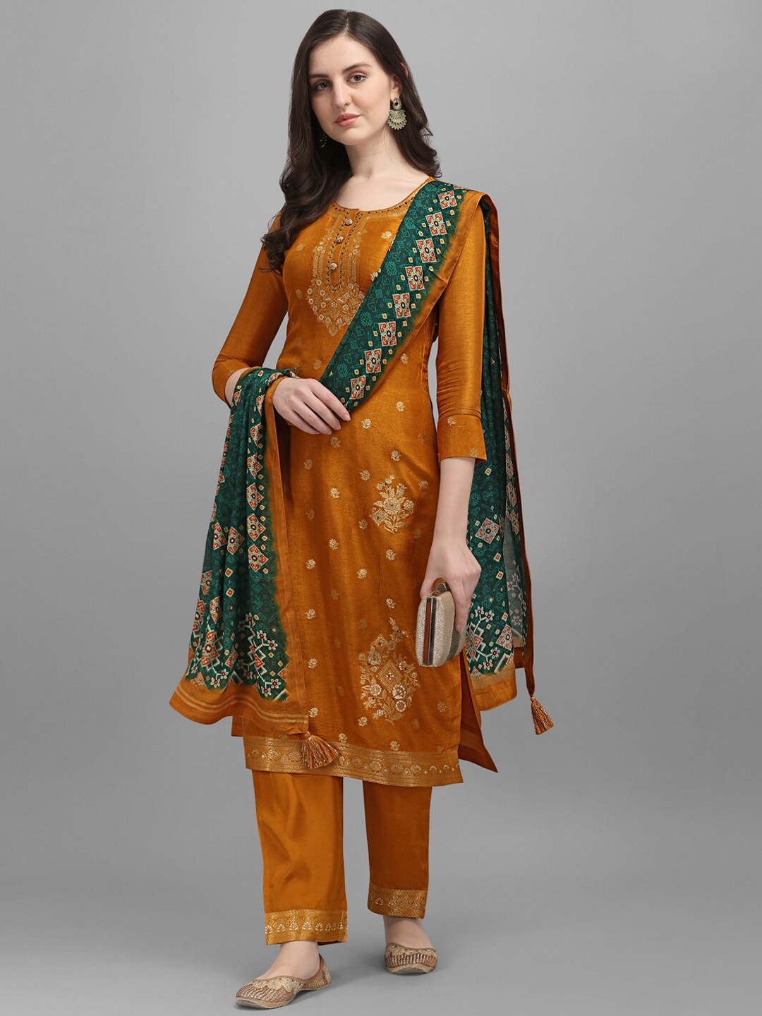 

Seerat Embroidered Jacquard Pure Silk Kurta with Trousers & Muslin Dupatta, Mustard