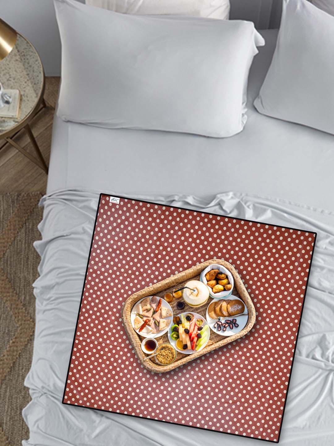 

DREAM WEAVERZ Tan Brown & White Polka Dots Printed Bed Server Food Mat-Waterproof