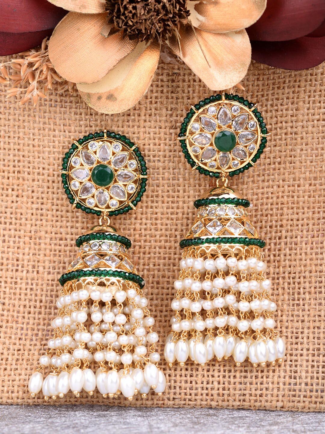

Saraf RS Jewellery Green Contemporary Jhumkas Earrings