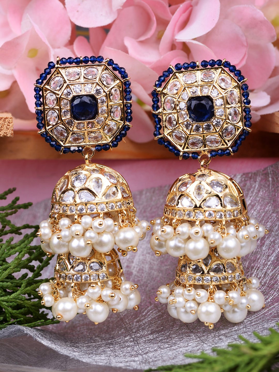 

Saraf RS Jewellery Blue & Gold-Plated Contemporary Jhumkas Earrings