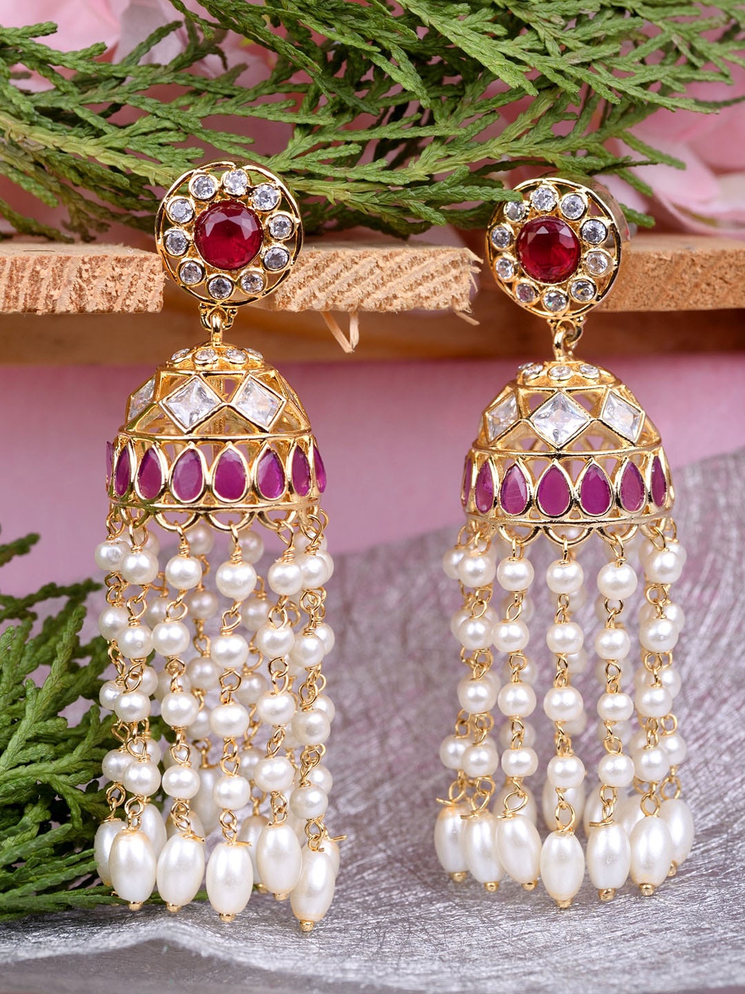 

Saraf RS Jewellery Gold-Toned & Red Gold-Plated AD studded Pearl Jhumkas Earrings