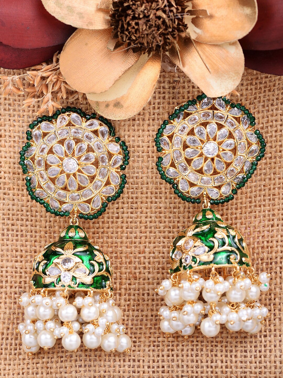 

Saraf RS Jewellery Green Polki Studded Jhumkas Earrings