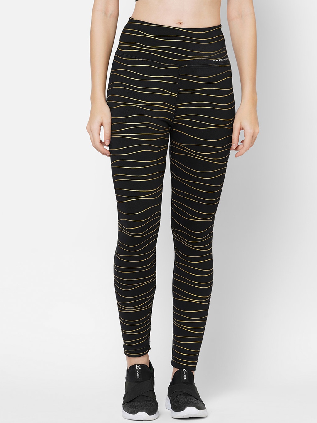 

MAYSIXTY Women Black & Yellow Striped Slim-Fit Track Pants