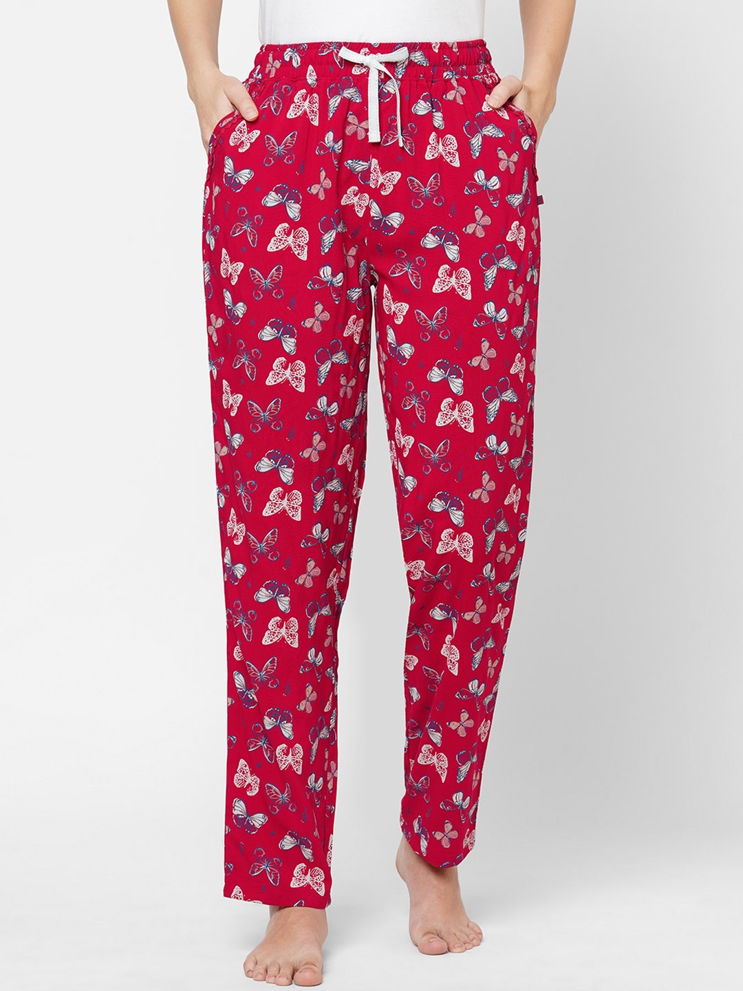 

MAYSIXTY Women Red Butterfly Printed Cotton Lounge Pants