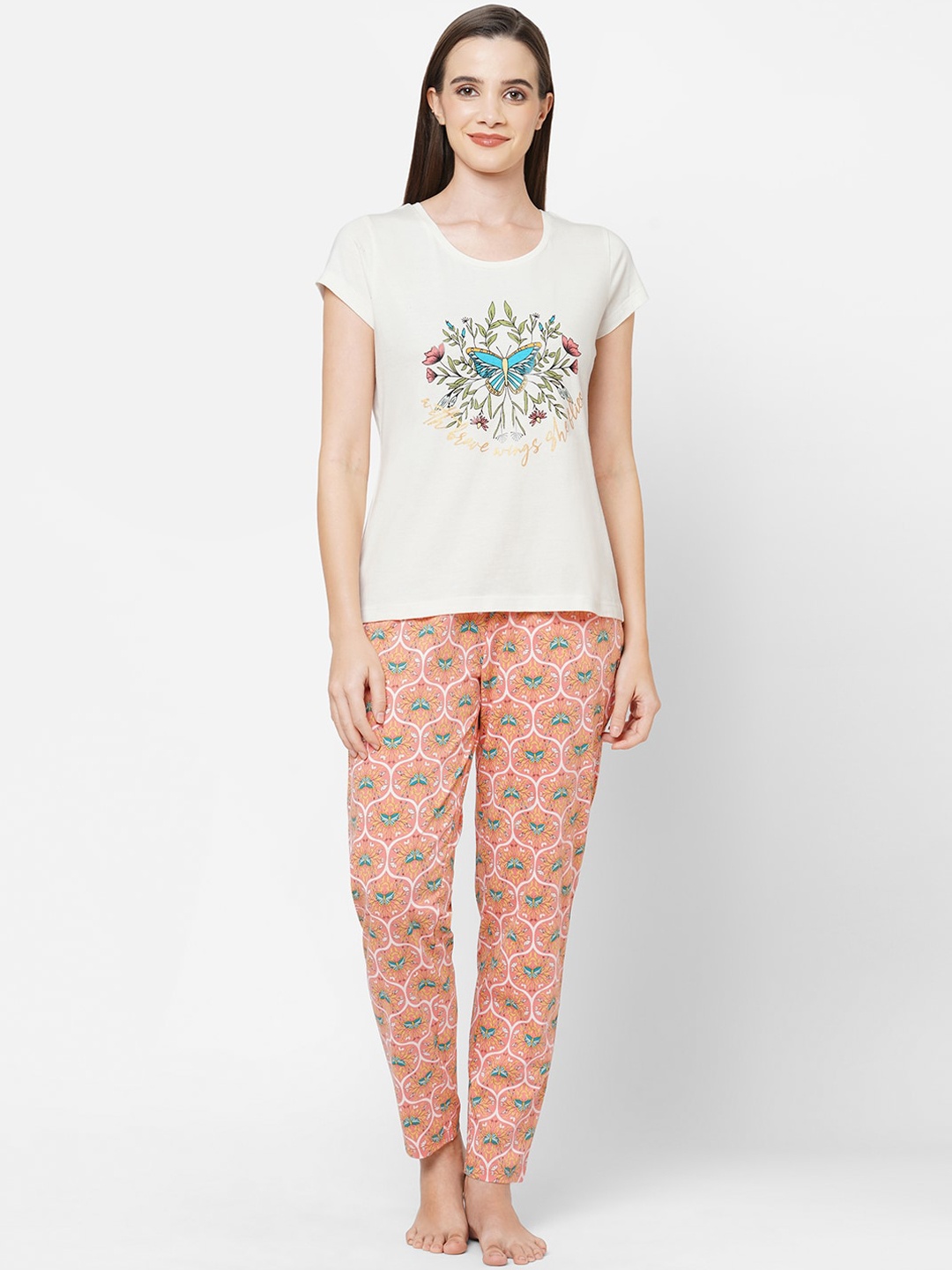 

MAYSIXTY Women Beige & Coral Orange Graphic Printed Pure Cotton Night Suit