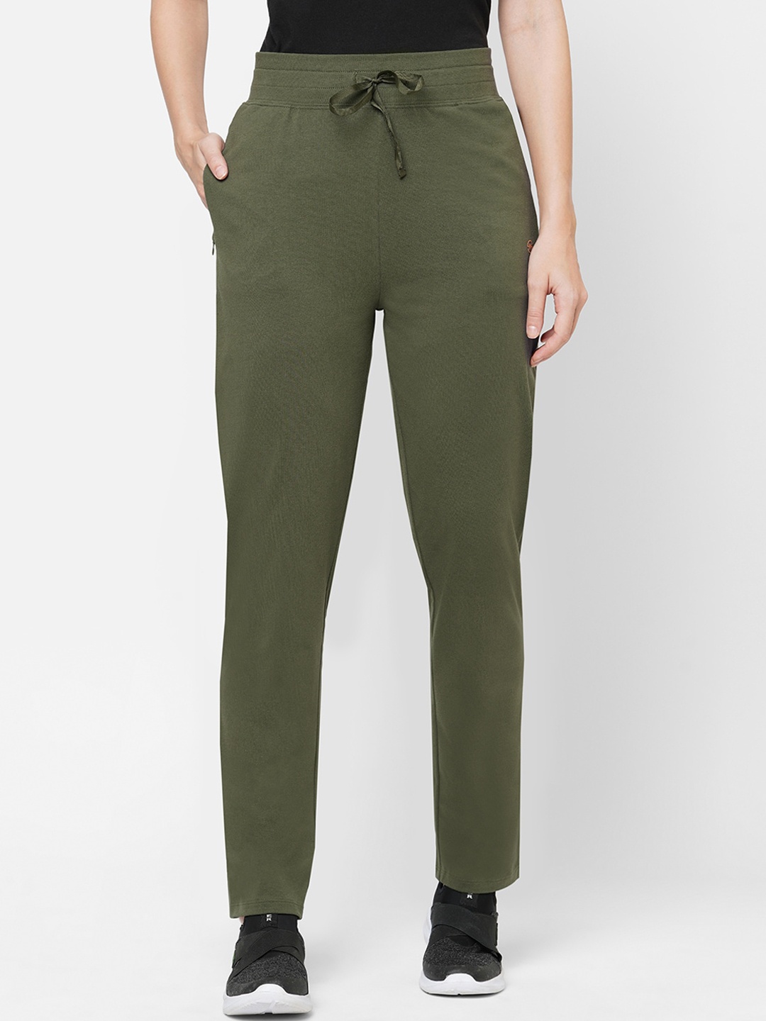 

MAYSIXTY Women Green Solid Slim-Fit Cotton Track Pants