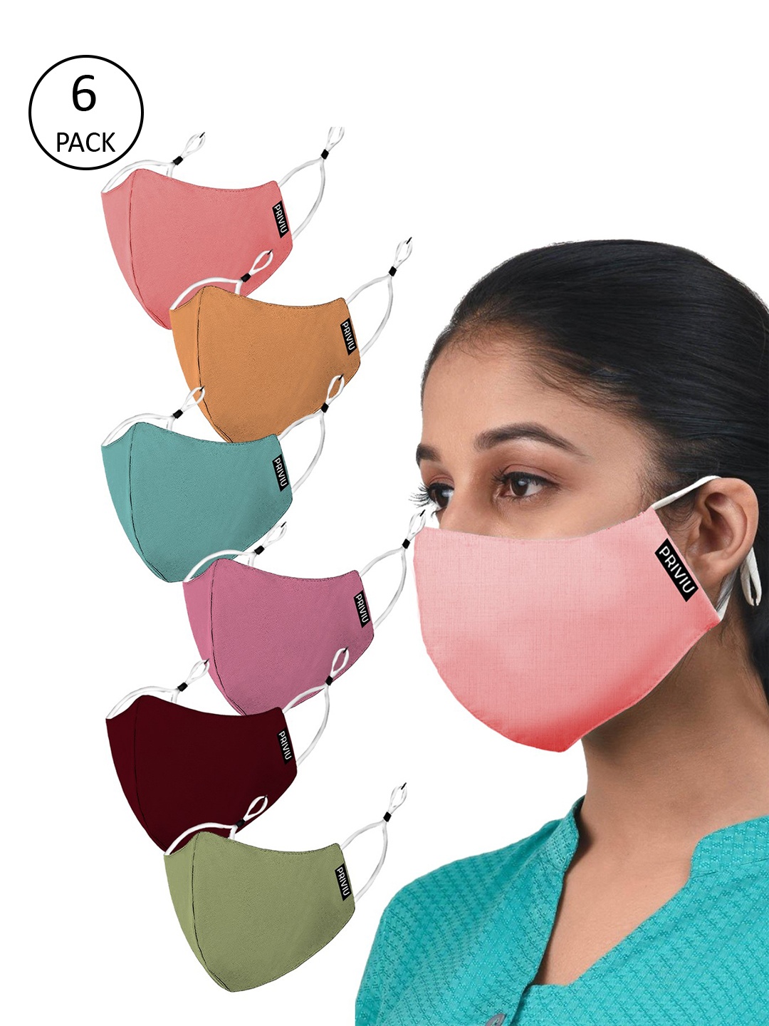 

PRIVIU Unisex Pack Of 6 Multicolour Solid 4-Ply Reusable Cloth Face Masks, Multi