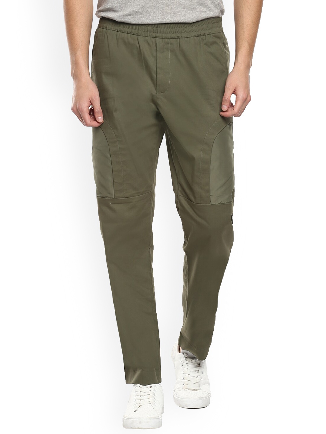 

LH URBAN Men Olive Green Solid Pure Cotton Trousers
