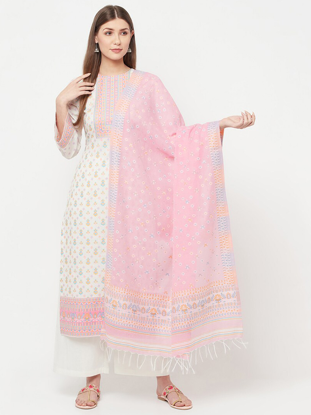 

Safaa Women White & Pink Ethnic Motifs Woven Design Unstitched Dress Material