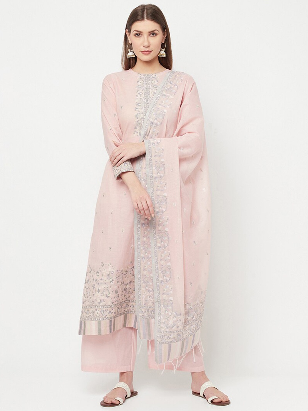 

Safaa Peach-Coloured & Grey Unstitched Dress Material