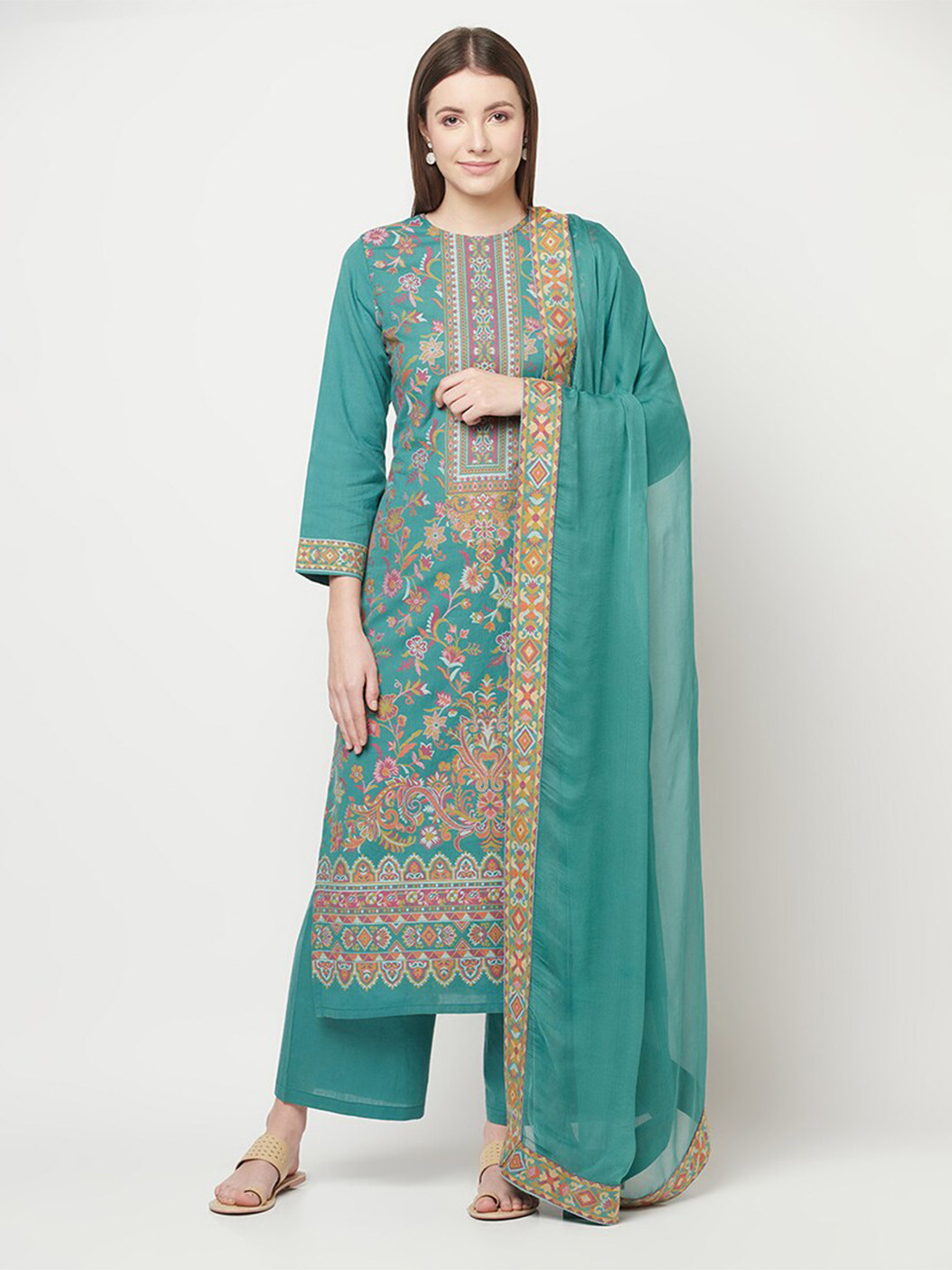

Safaa Teal & Pink Cotton Woven Design Unstitched Dress Material With Dupatta