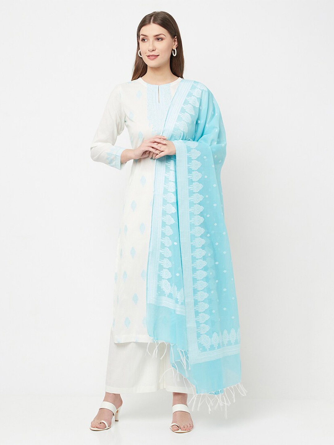 

Safaa White & Blue Unstitched Dress Material