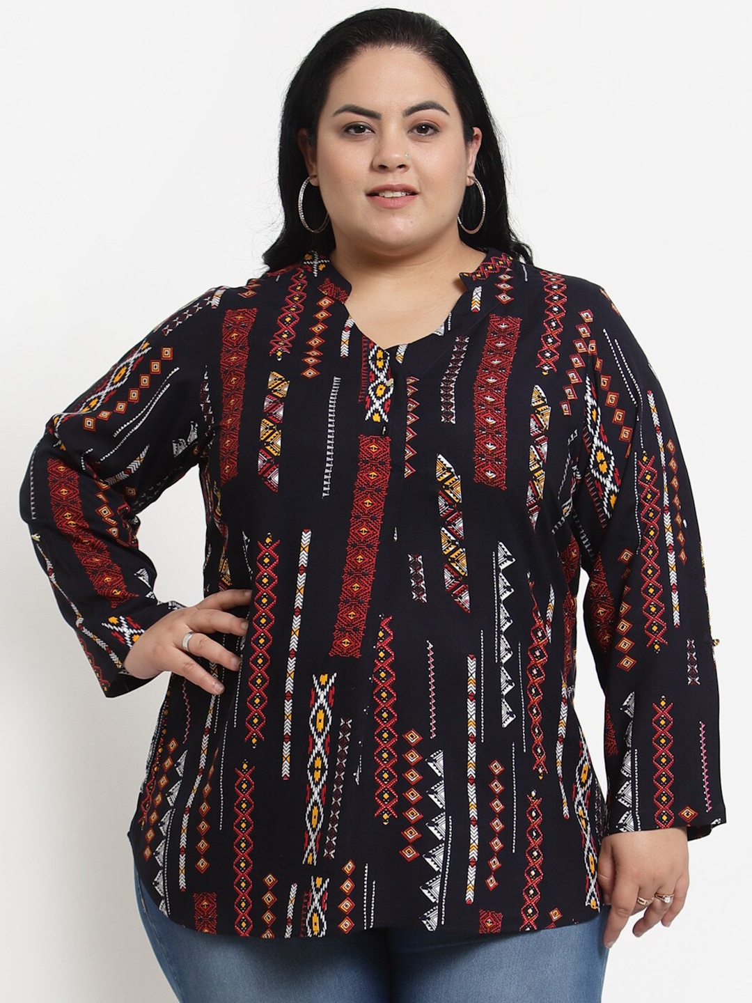 

plusS Black & Red Print Mandarin Collar Top