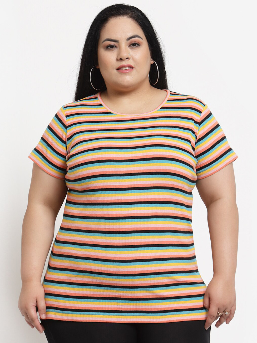 

plusS Plus Size Women Multicoloured Striped Cotton T-shirt, Multi