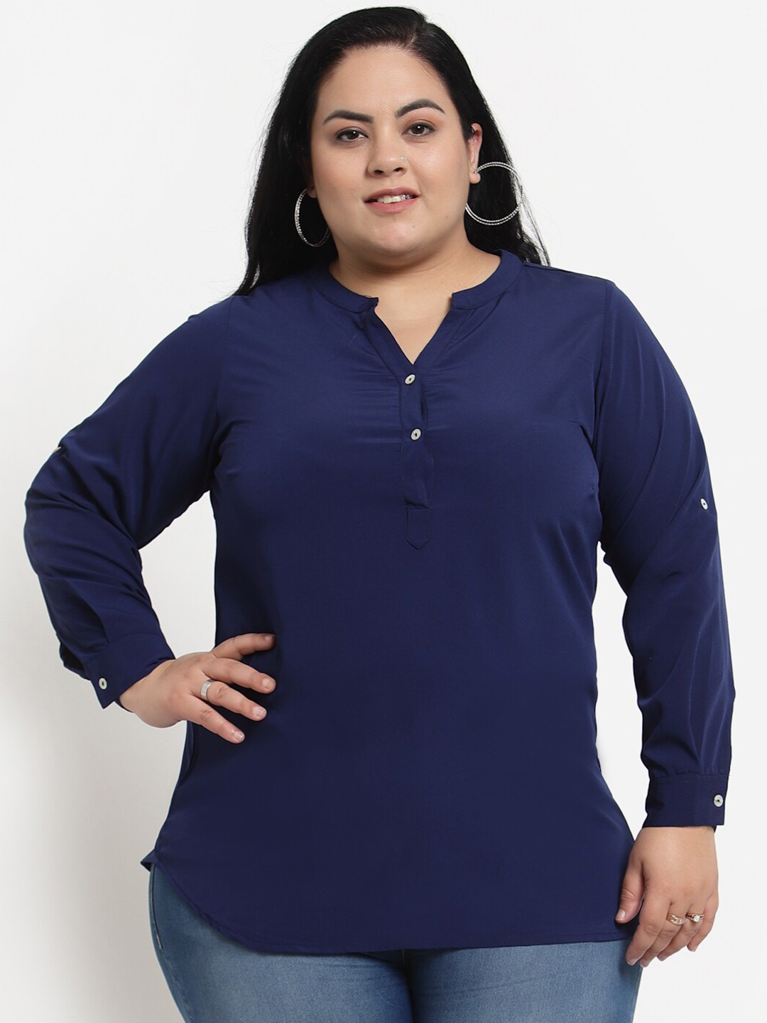 

plusS Blue Mandarin Collar Roll-Up Sleeves Shirt Style Plus Size Top