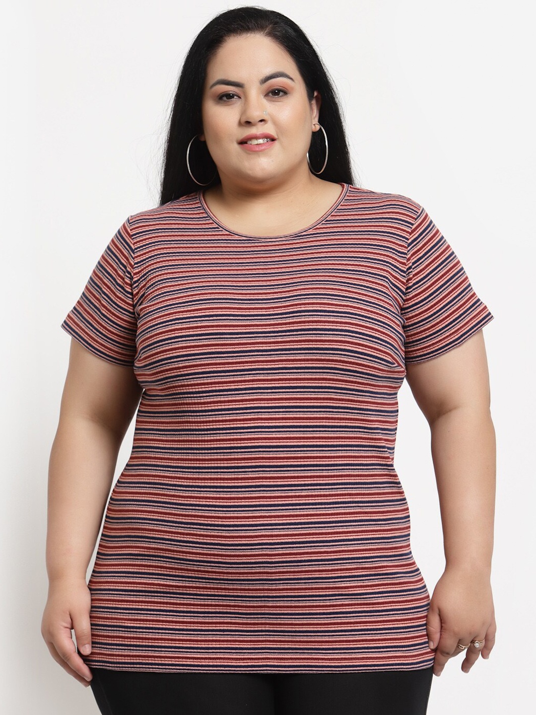 

plusS Plus Size Women Black & Red Striped T-shirt