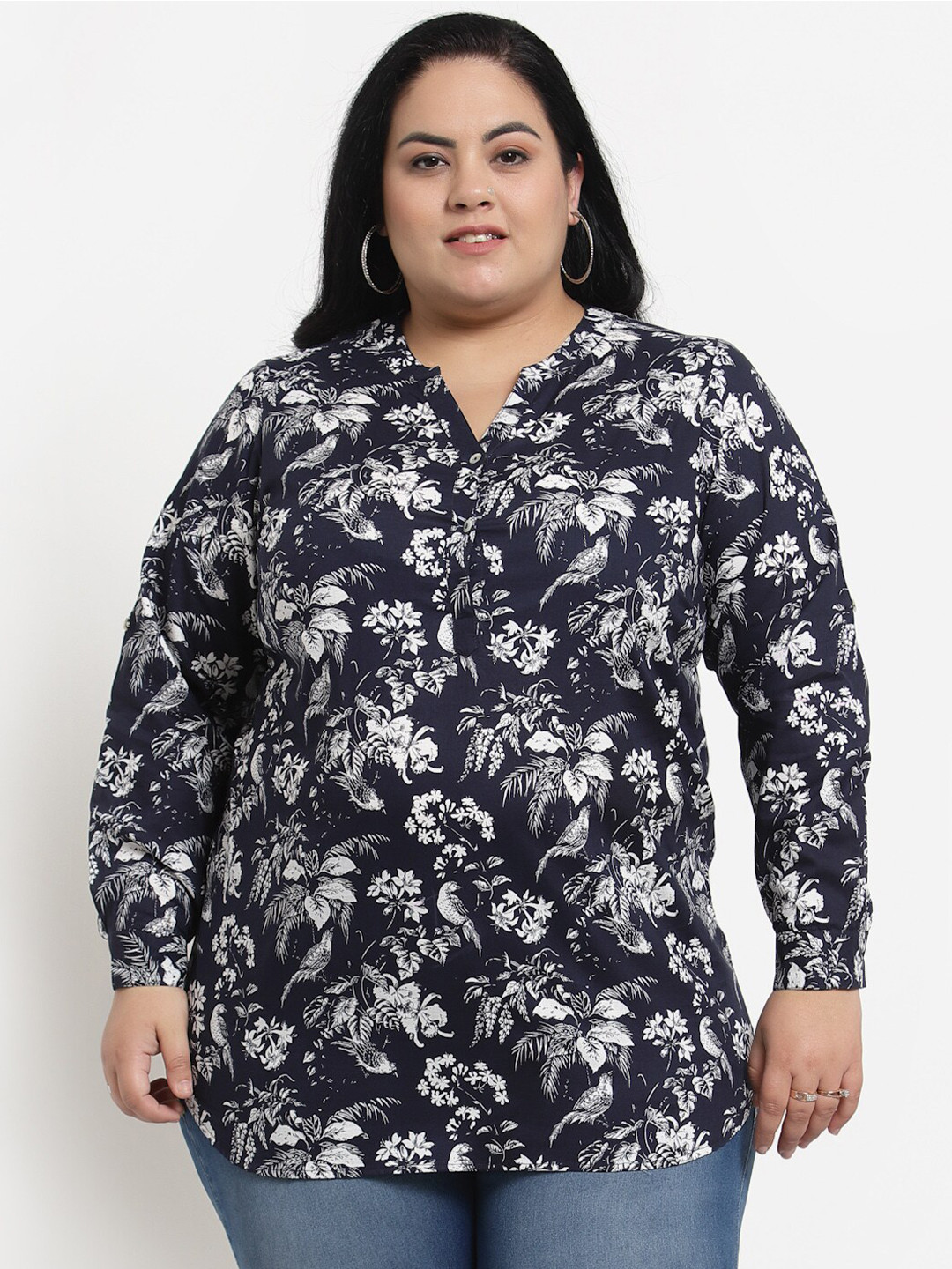 

plusS Navy Blue Plusize Floral Print Mandarin Collar Top