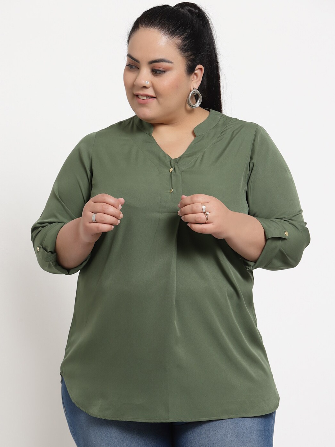 

plusS Women Plus Size Olive Green Solid Regular Top