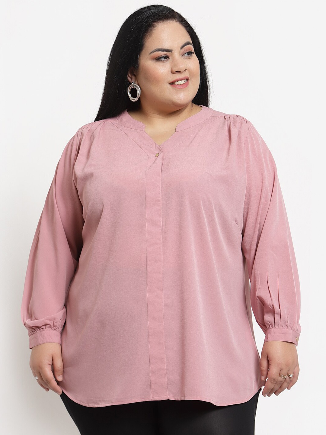 

plusS Pink Plusize Mandarin Collar Longline Top