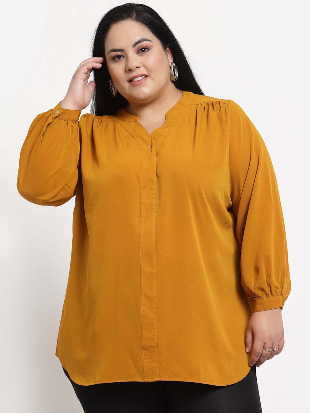 

plusS Women Plus Size Mustard Yellow Cuffed Sleeves Top