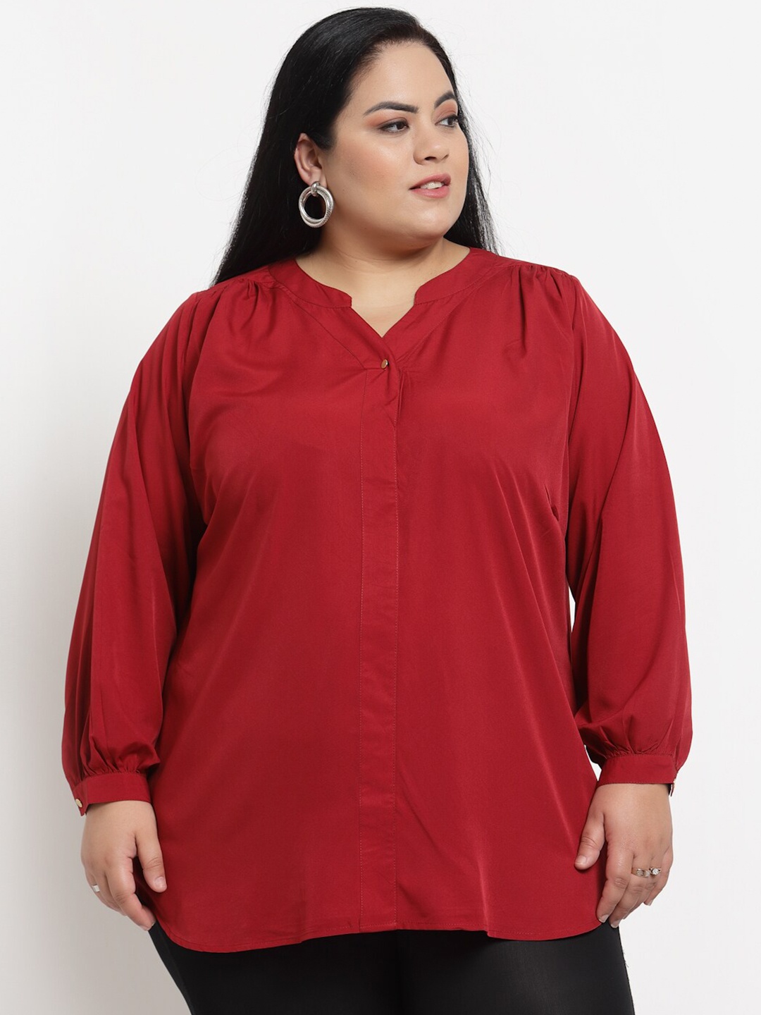 

plusS Red Plusize Mandarin Collar Top