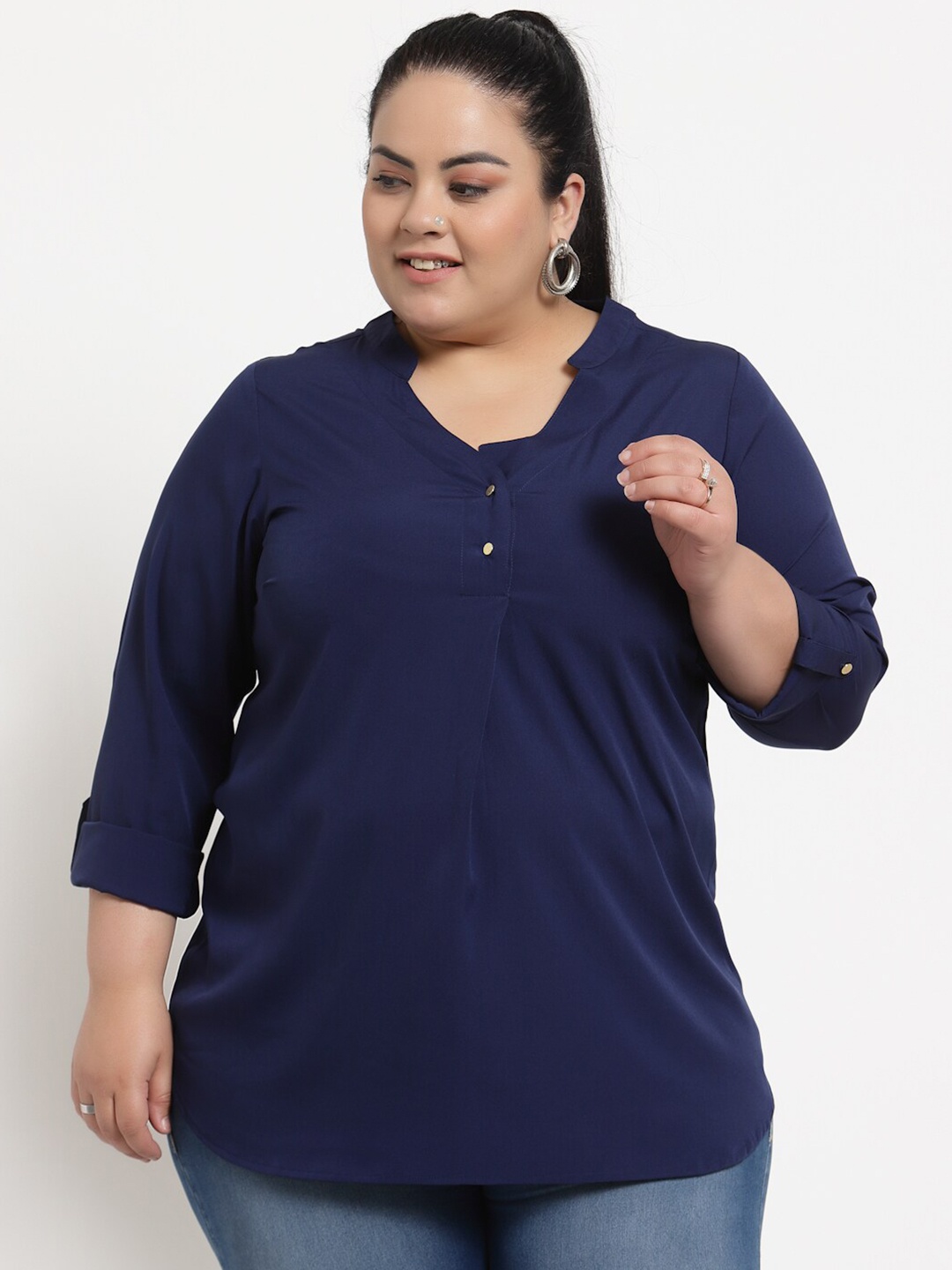 

plusS Women Plus Size Navy Blue Solid Mandarin Collar Longline Regular Top