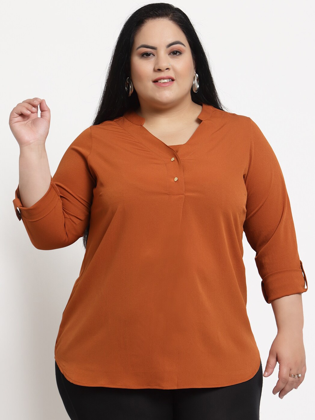 

plusS Women Plus Size Rust Orange Mandarin Collar Roll-Up Sleeves Top