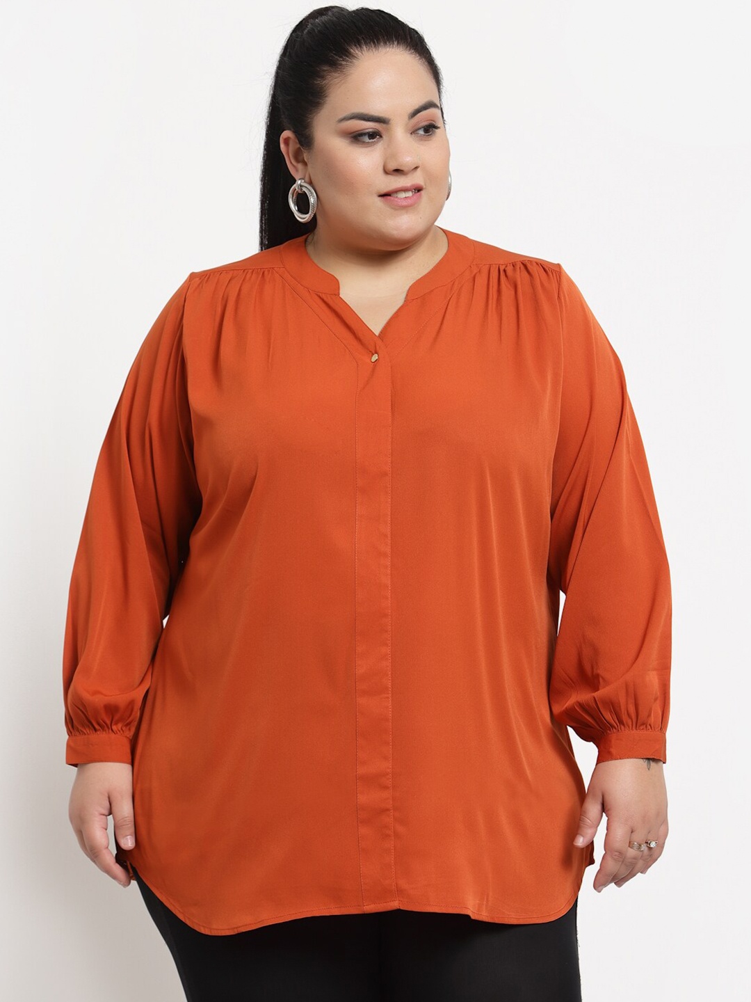 

plusS Orange Mandarin Collar Shirt Style Top
