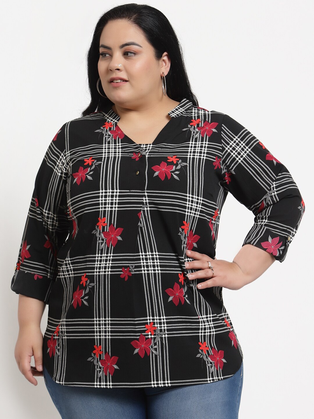 

plusS Plus Size Black Checked Mandarin Collar Roll-Up Sleeves Top