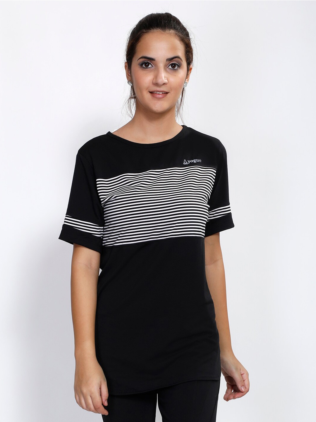 

Yogue Activewear Women Black Striped Outdoor T-shirt