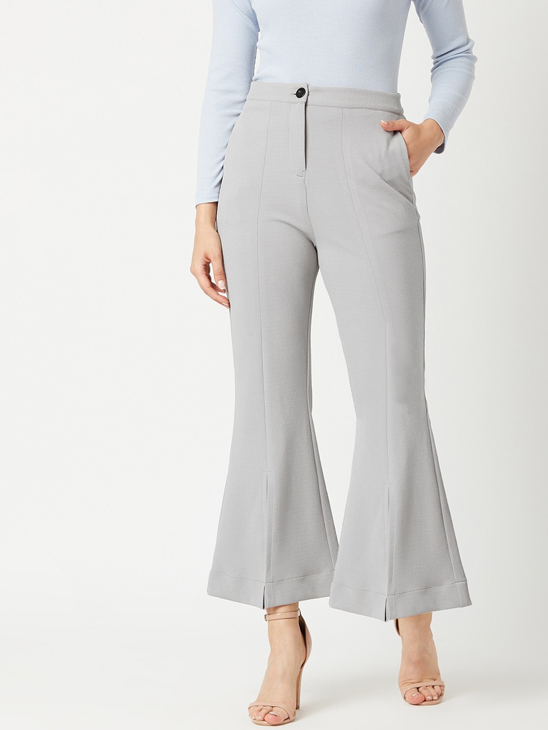 

Miss Chase Women Grey Textured High-Rise Trousers