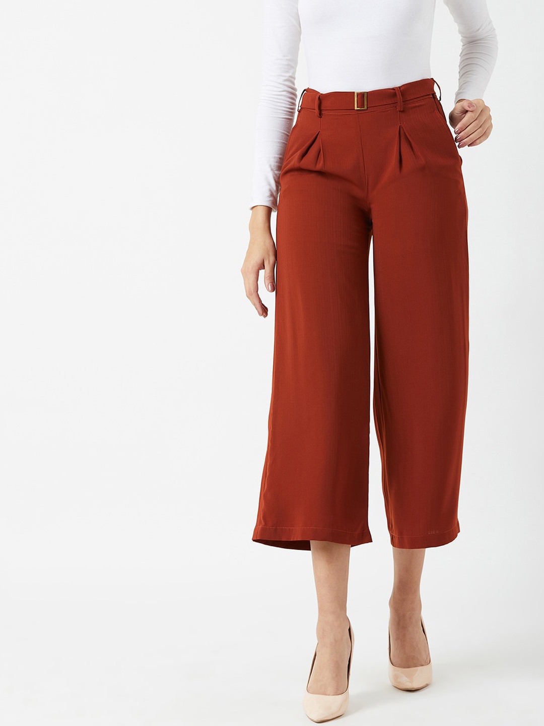 

Miss Chase Women Rust Orange High-Rise Pleated Cropped Culottes Trousers