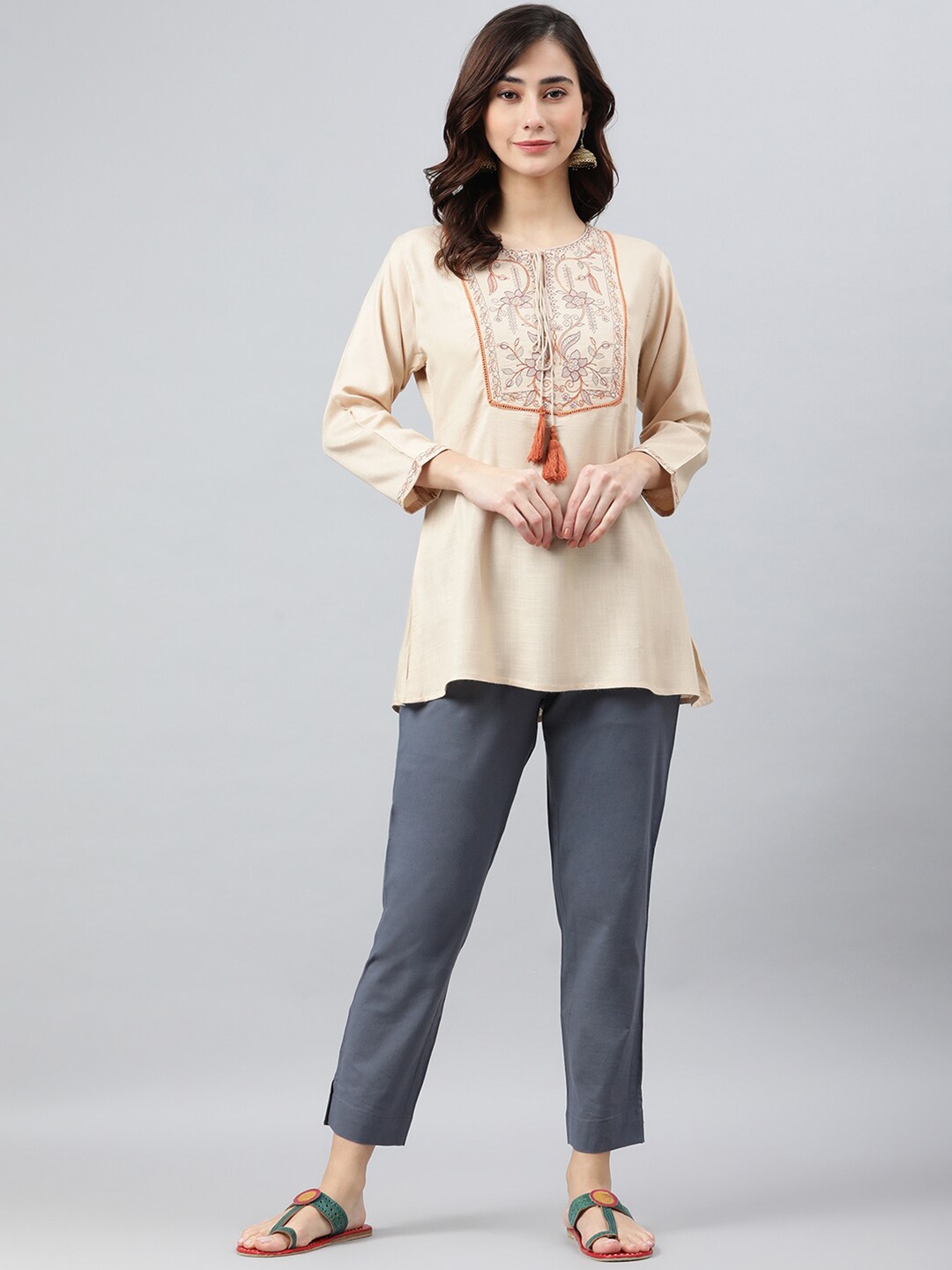 

Janasya Women Beige Rayon Slub Embroidered A-Line Top