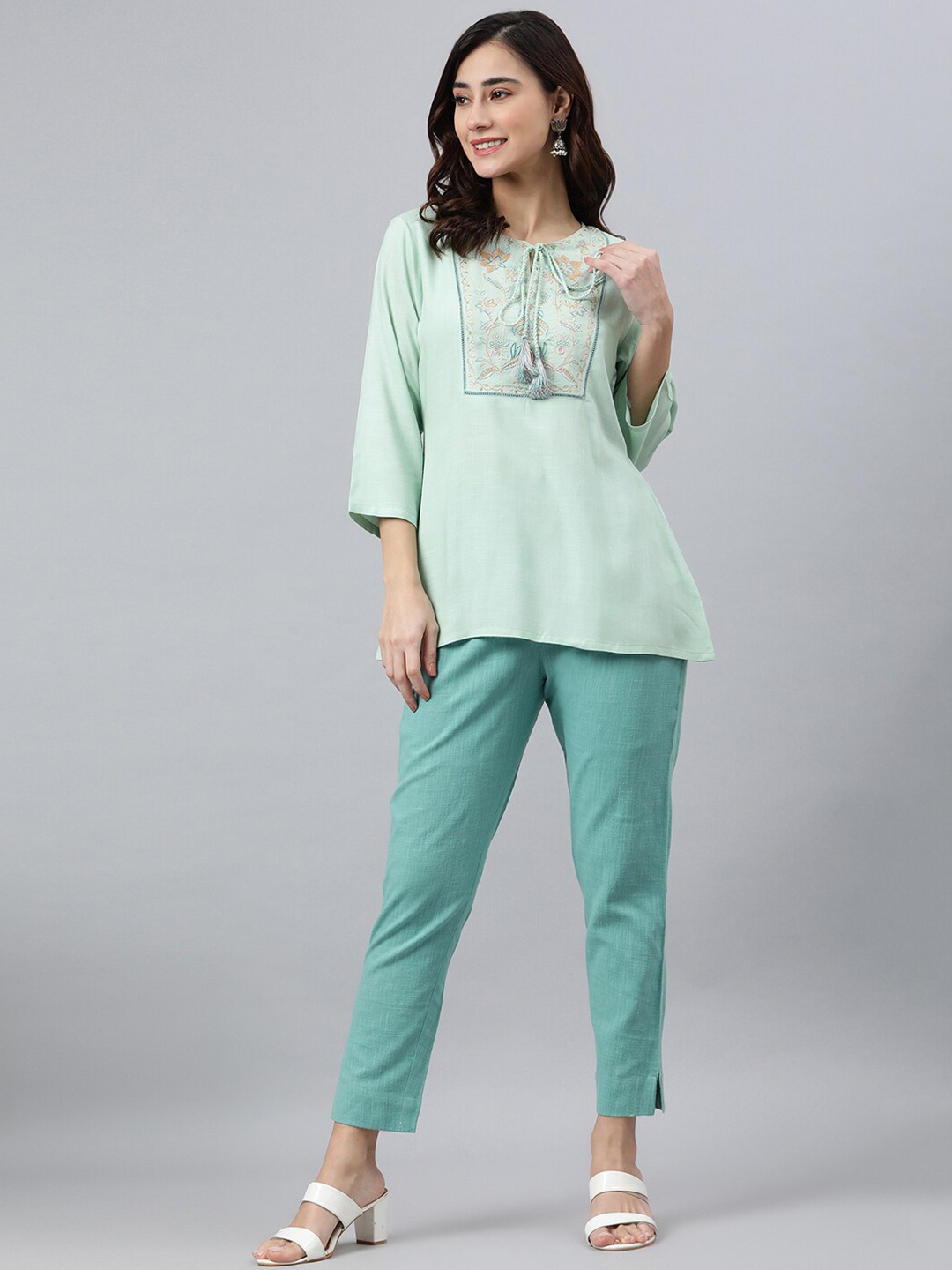 

Janasya Women Green Rayon Slub Embroidered A-Line Top