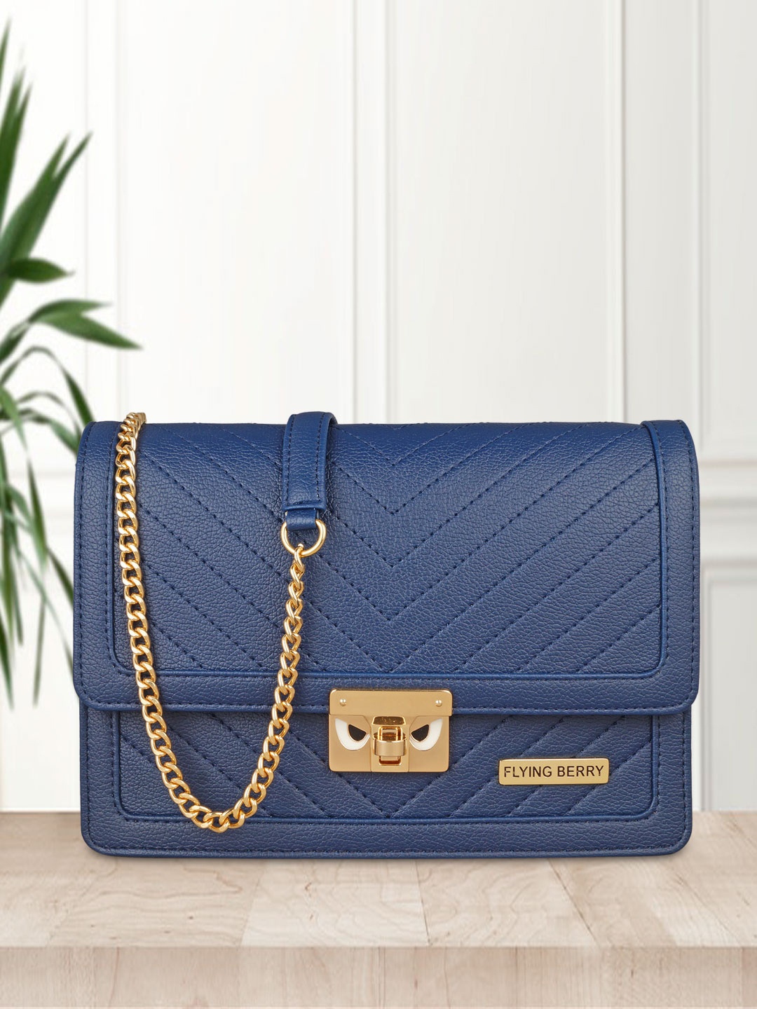 

FLYING BERRY Blue Textured PU Structured Sling Bag with Quilted