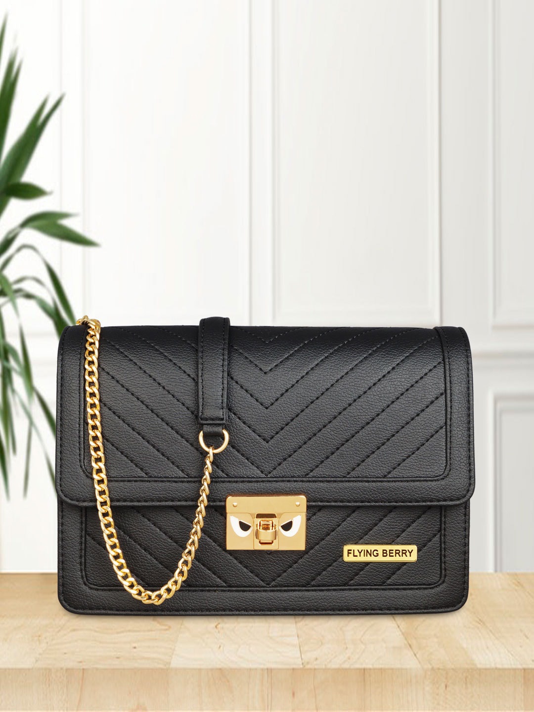 

FLYING BERRY Black Striped PU Structured Sling Bag