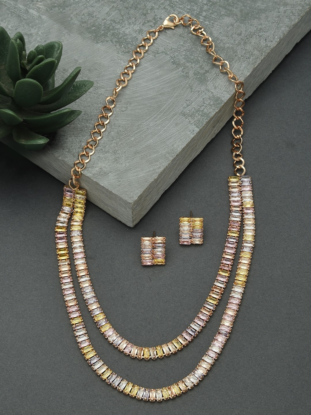 

AMI Rose Gold-Plated Stone Studded Jewellery Set, Multi