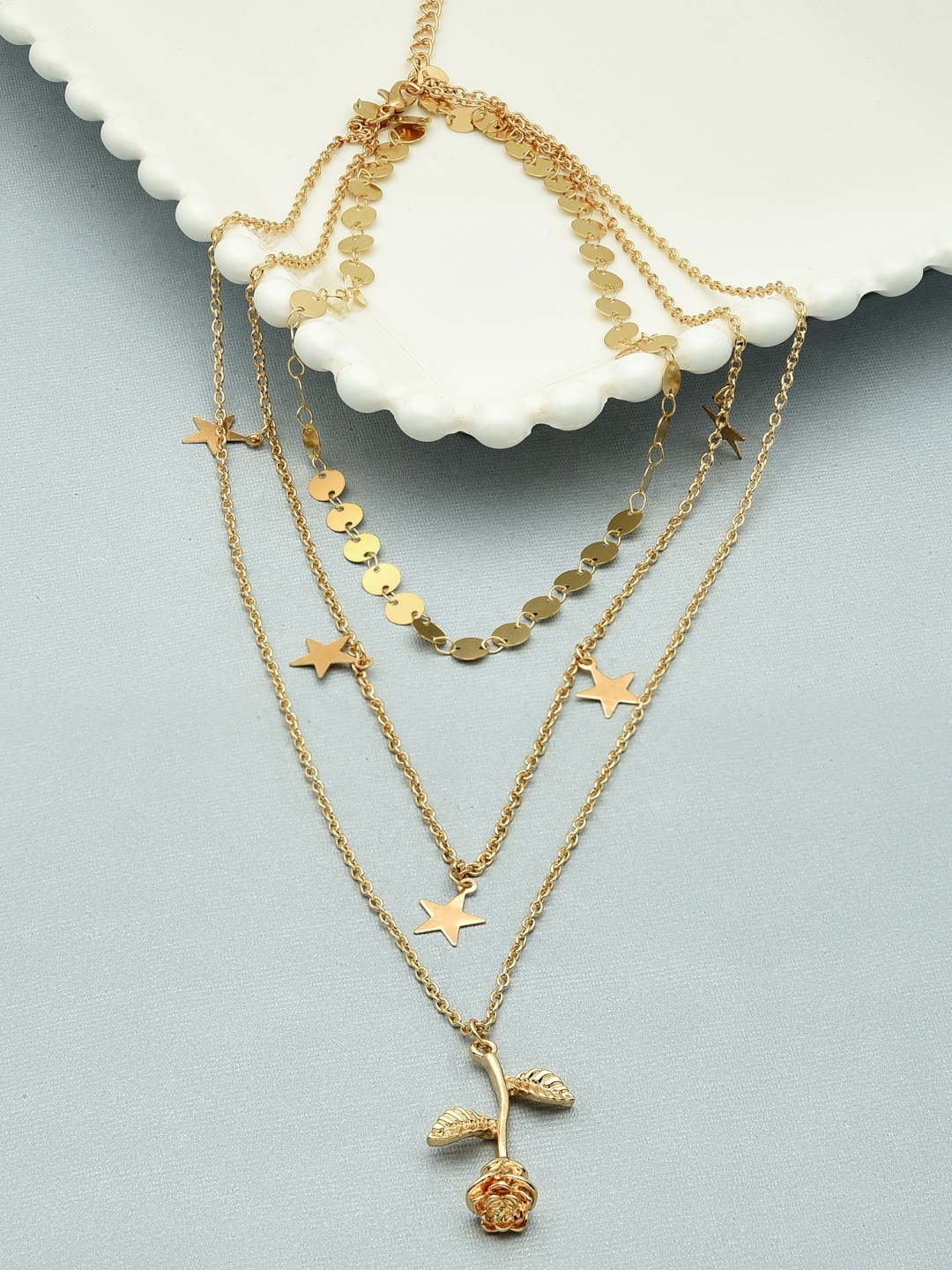 

AMI Gold-Toned & Gold-Plated 3 Layered Contemporary Rose & Stars Charm Chain